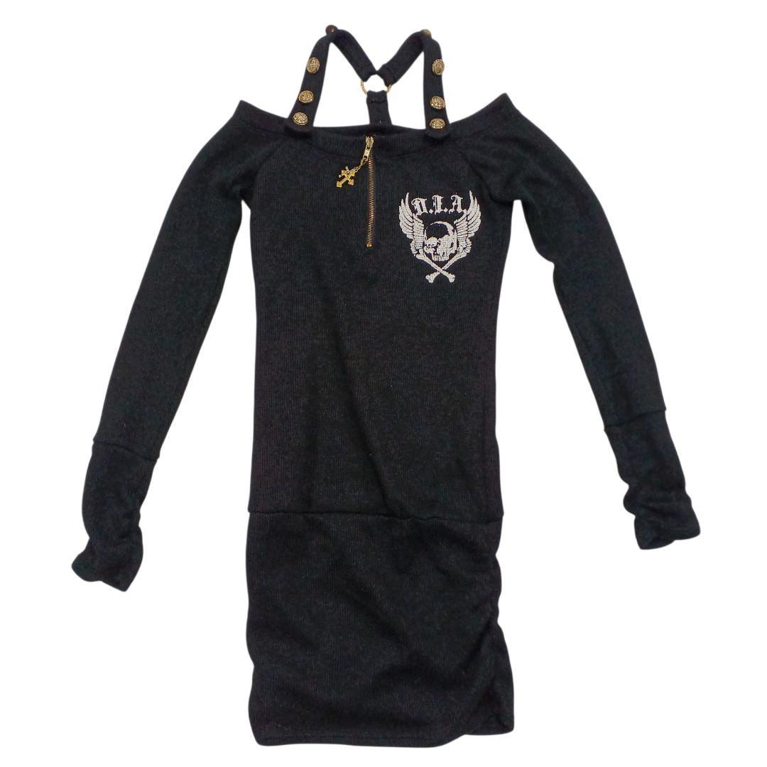 d.i.a. ダイヤ クロス チャーム 金ボタン スカル プリント ロングニット