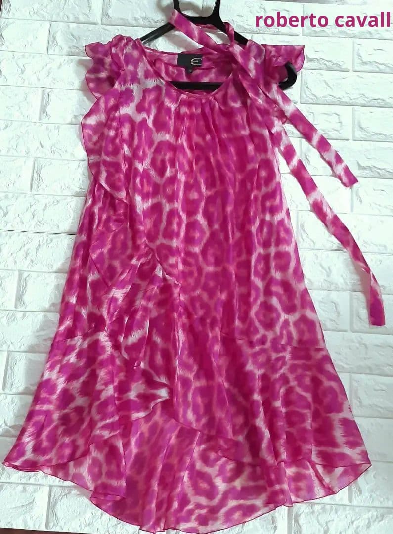 ロベルトカヴァッリ/ジャストカヴァリ　豹柄　アシンメトリー　絹ワンピース