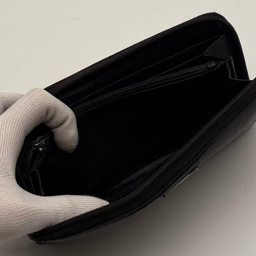 【美品】PRADA レザー サフィアーノ 長財布 型押し ロゴ金具 ブラック