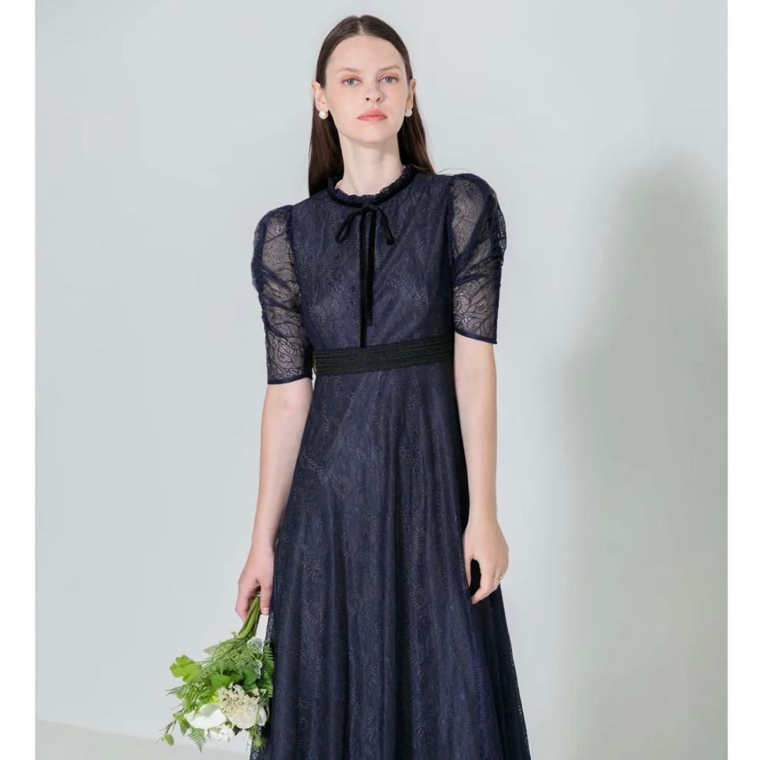 【極美品】Leja ウエストマークパフスリーブ総レースロングドレスワンピース