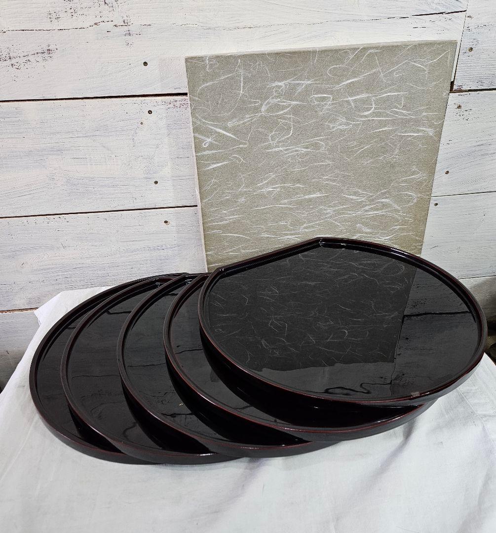 木製・堅地請合 漆塗り お盆 トレー 5枚セット 高級 漆器 天然木製 懐石膳