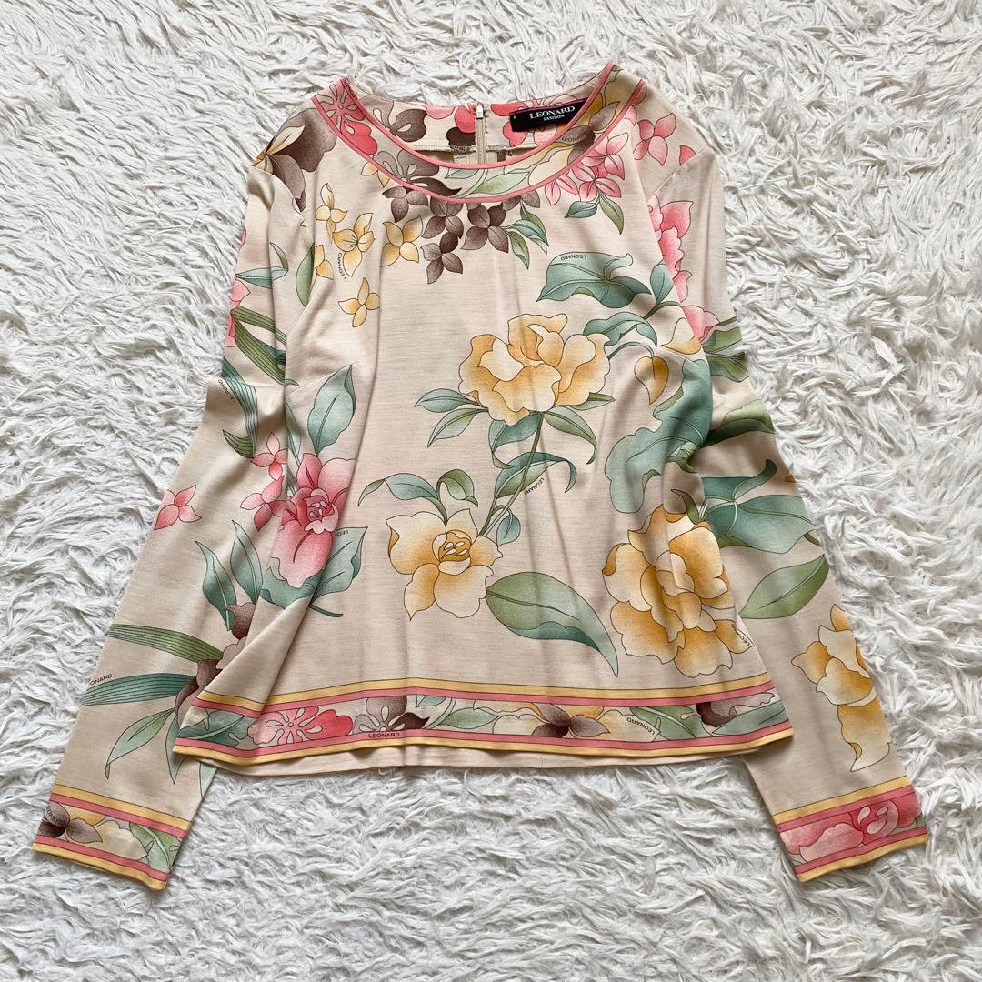 極美品■レオナール　シルク　花柄　長袖トップス　上品　日本製　L