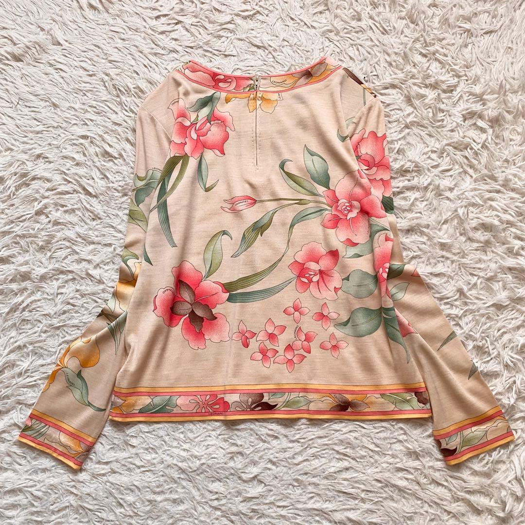 極美品■レオナール　シルク　花柄　長袖トップス　上品　日本製　L