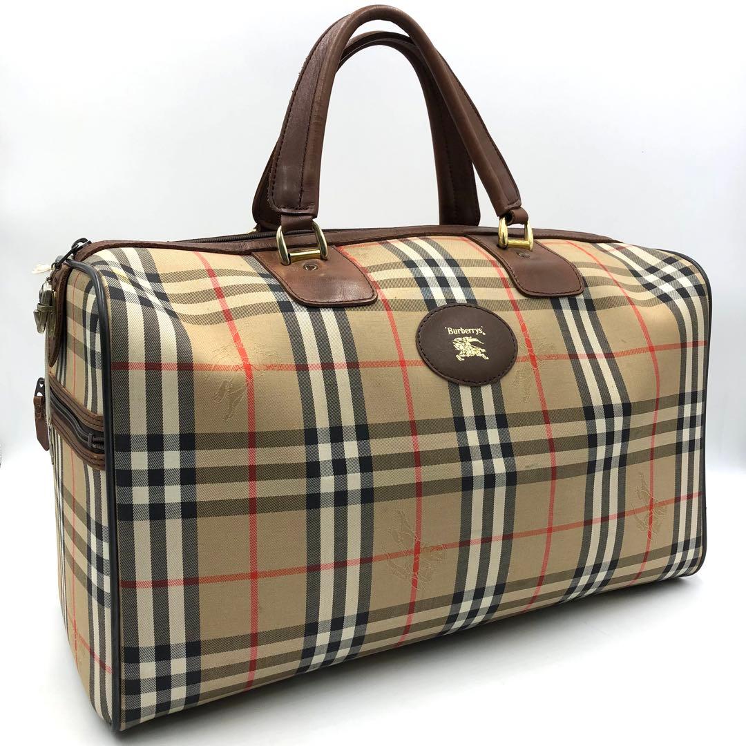 極美品 バーバリー ボストンバッグ ホースロゴ ノバチェック 大容量 鍵付 茶