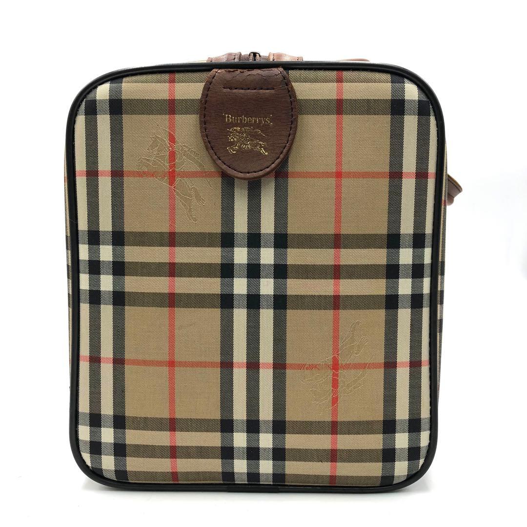 極美品 バーバリー ボストンバッグ ホースロゴ ノバチェック 大容量 鍵付 茶