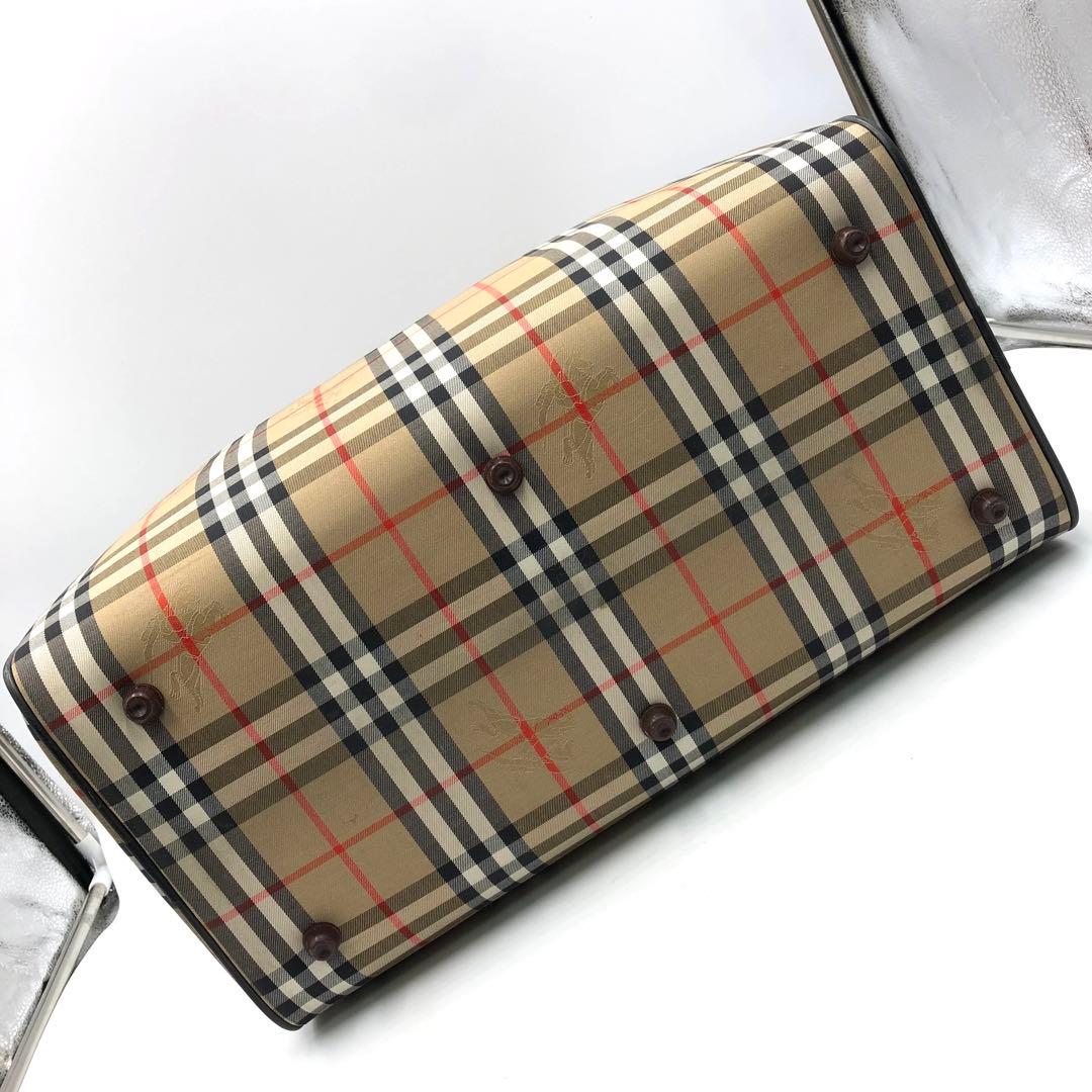 極美品 バーバリー ボストンバッグ ホースロゴ ノバチェック 大容量 鍵付 茶