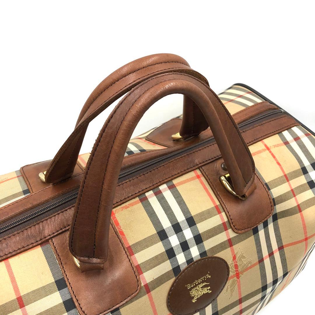 極美品 バーバリー ボストンバッグ ホースロゴ ノバチェック 大容量 鍵付 茶