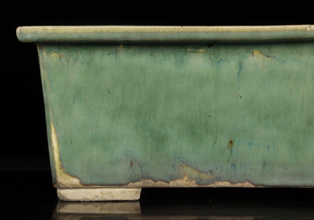 中国古盆器 緑釉外縁長方鉢 盆栽鉢 重厚時代鉢 中国古美術 古陶磁 骨董 古美術