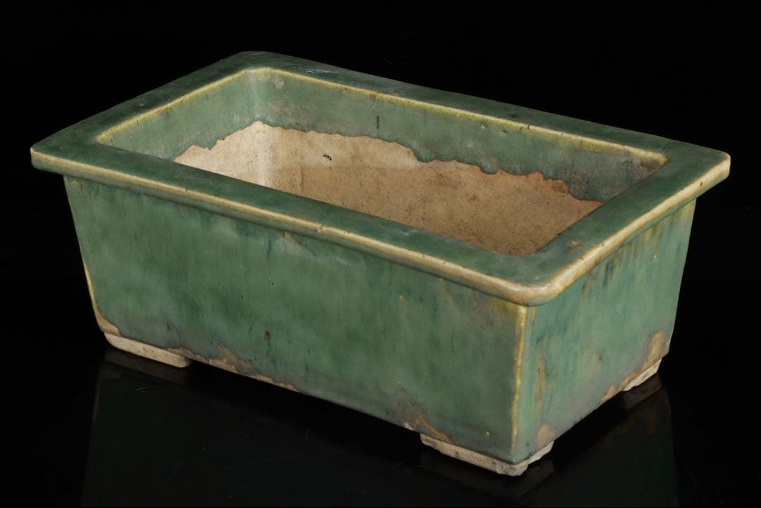 中国古盆器 緑釉外縁長方鉢 盆栽鉢 重厚時代鉢 中国古美術 古陶磁 骨董 古美術