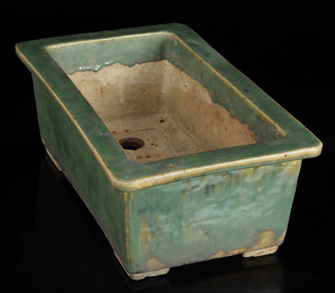 中国古盆器 緑釉外縁長方鉢 盆栽鉢 重厚時代鉢 中国古美術 古陶磁 骨董 古美術