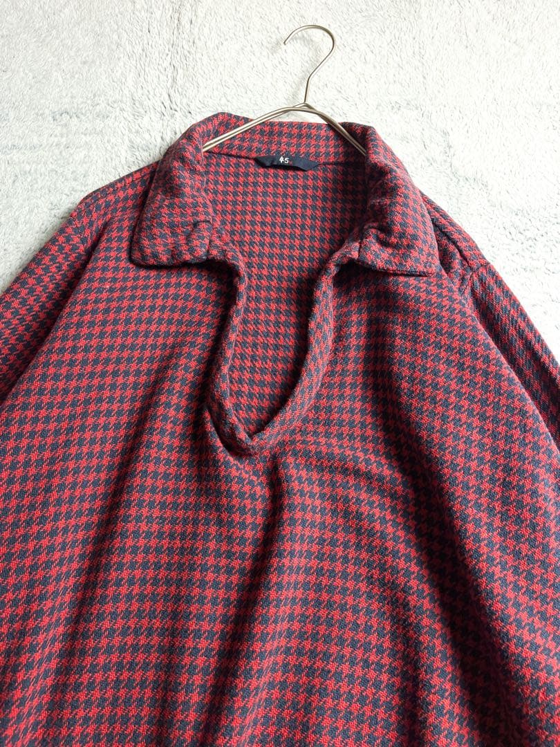 【45R】45rpm 綿100% 千鳥格子柄 スキッパーシャツワンピース 赤 0