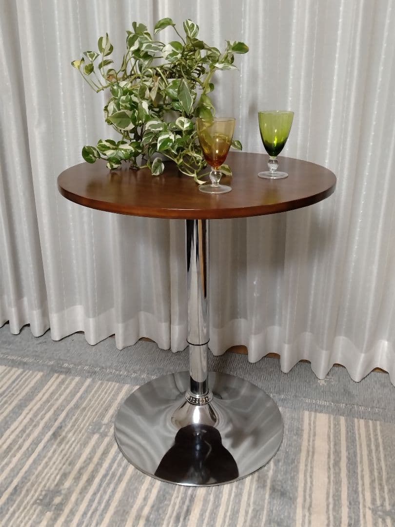 カウンターテーブル　丸　高さ調整　天板回転　ブラウン