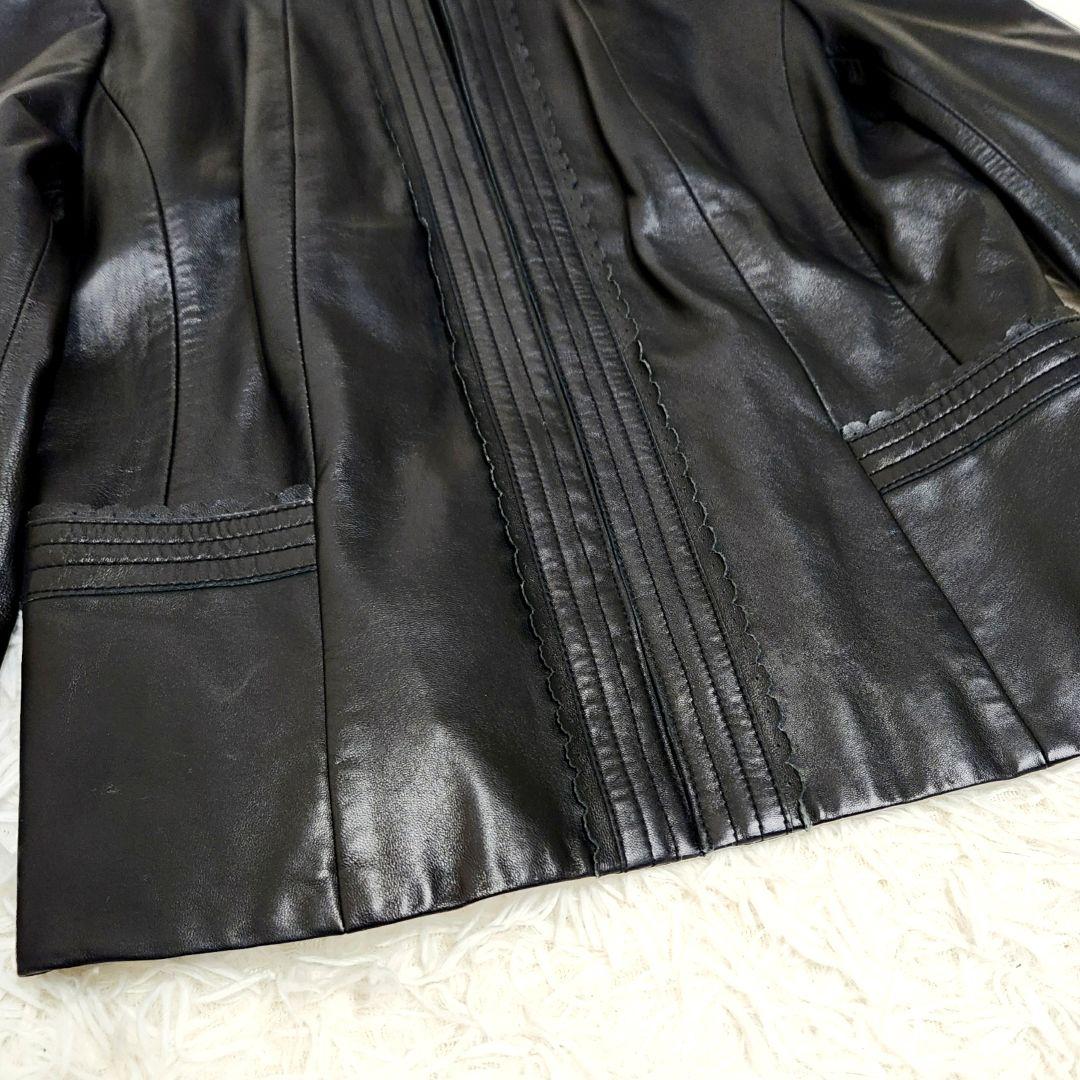 【本革】Leilian 羊革 フリル レザージャケット ブラック