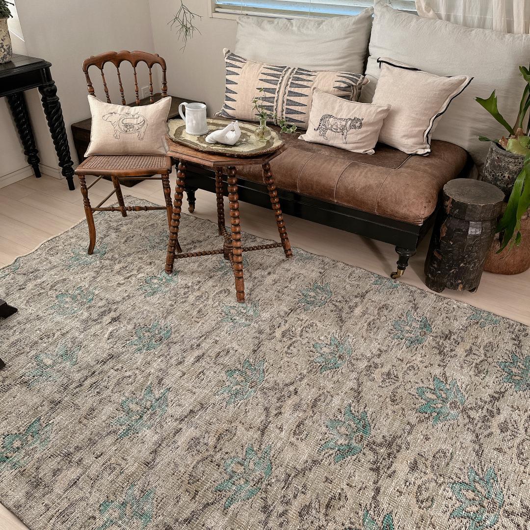 トルコ ヴィンテージラグA106 大判 レア セージグリーン ターコイズブルー