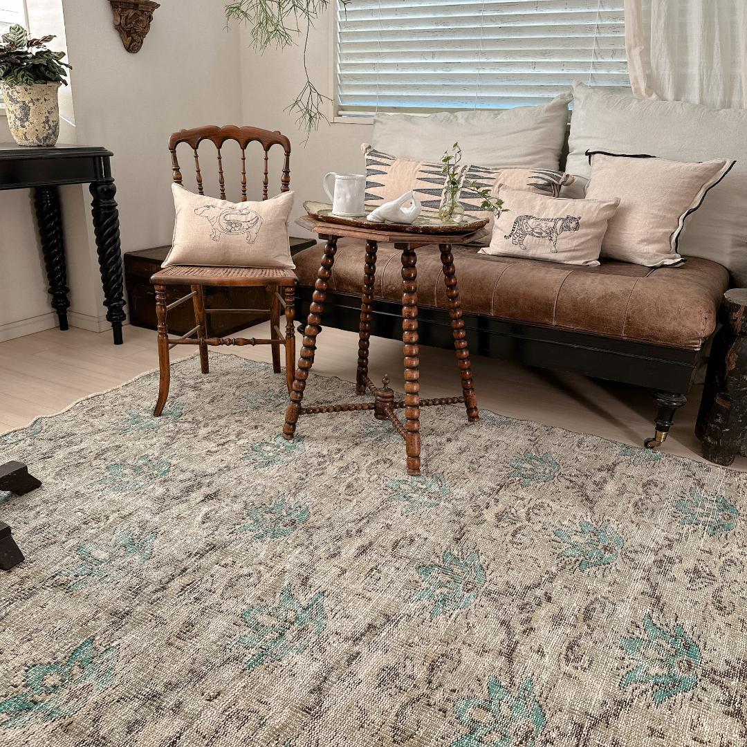 トルコ ヴィンテージラグA106 大判 レア セージグリーン ターコイズブルー