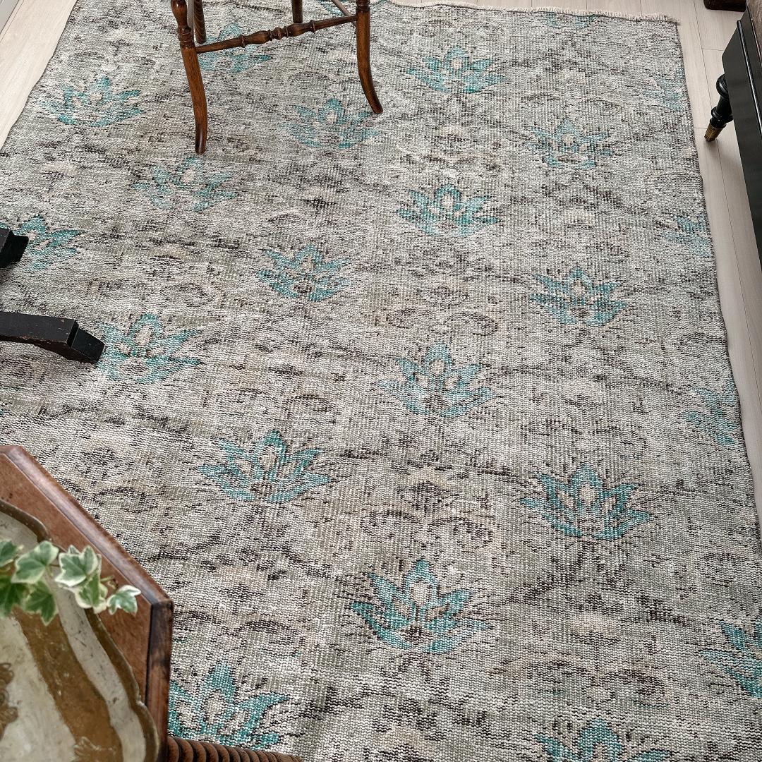 トルコ ヴィンテージラグA106 大判 レア セージグリーン ターコイズブルー