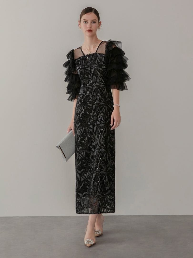 チュールフリルスリーブスパンコールIラインワンピースドレス結婚式二次会パーティー