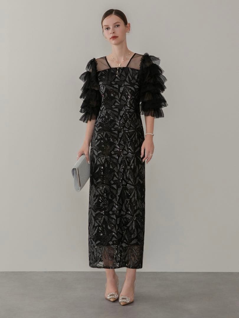 チュールフリルスリーブスパンコールIラインワンピースドレス結婚式二次会パーティー