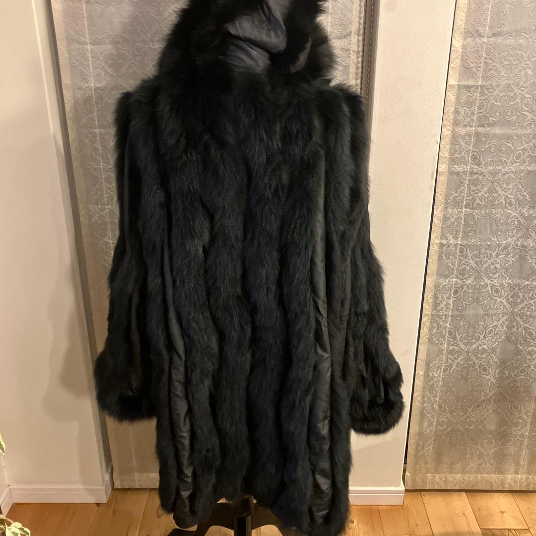 美品　総シルク&フォックスファー　リバーシブル　フード付きロングコート　高級感