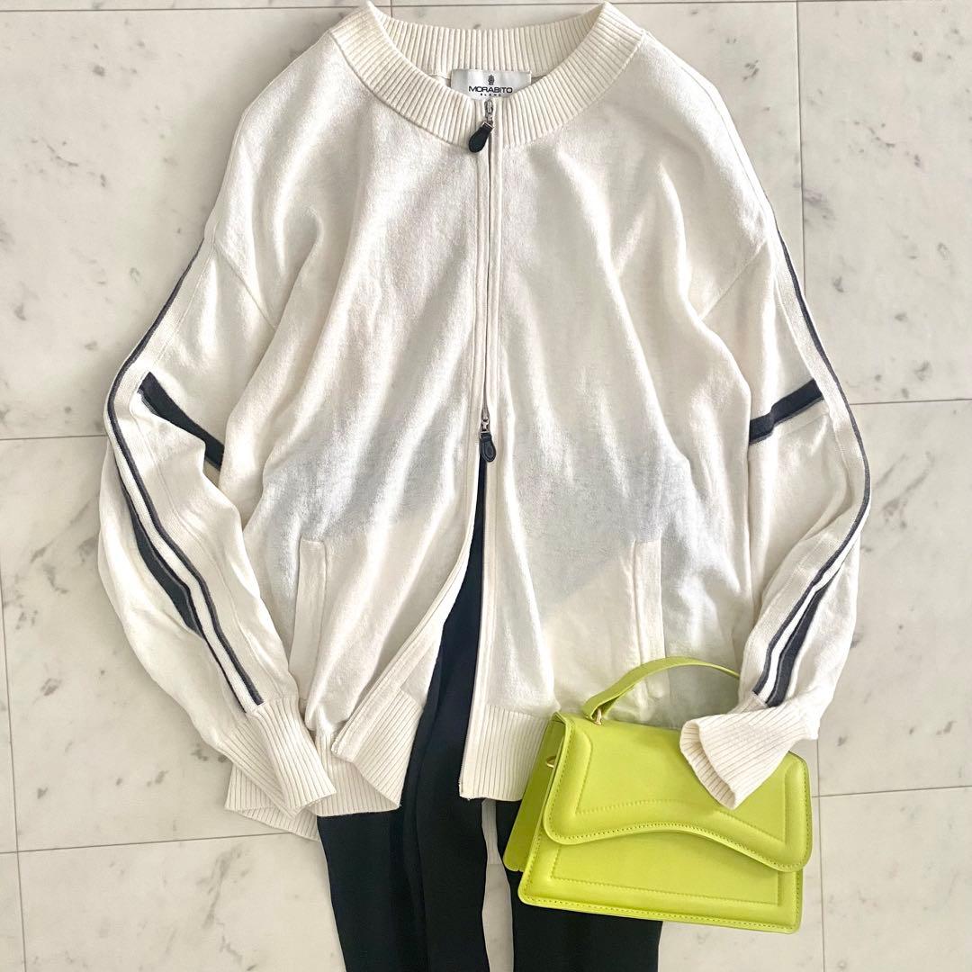 美品 モラビト レザーロゴチャーム付き ニットブルゾン カーディガン 40