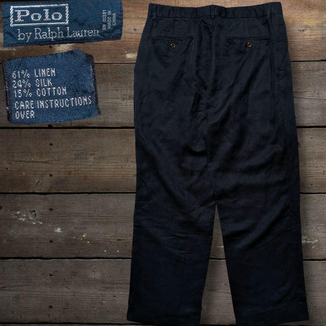 90s　ラルフローレン　ビンテージ　シルク　リネンパンツ　スラックス　ネイビー
