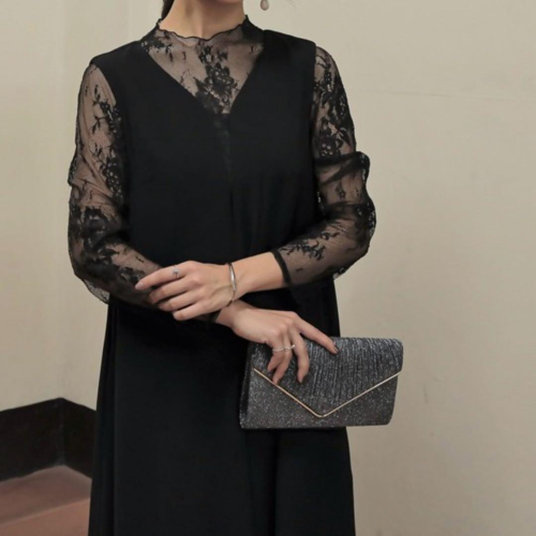 epic day メローレースAラインロングドレス　ブラック　パーティードレス