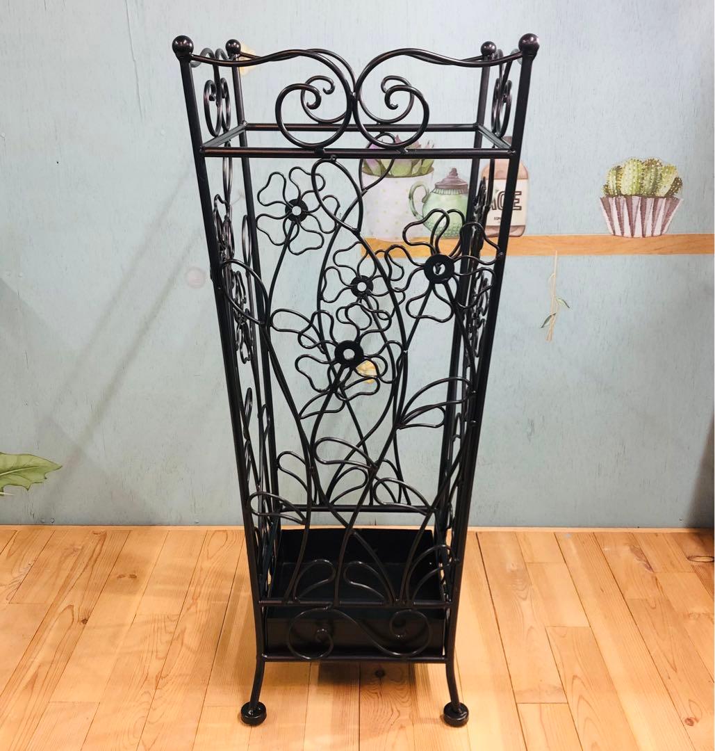 アイアン アンブレラスタンド 角型・ブラック 花柄 傘立て アンティーク