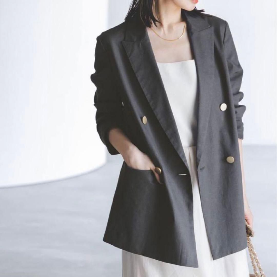 【美品】NOBLE 麻ストレッチピークドラペルダブルジャケット ブラック 黒