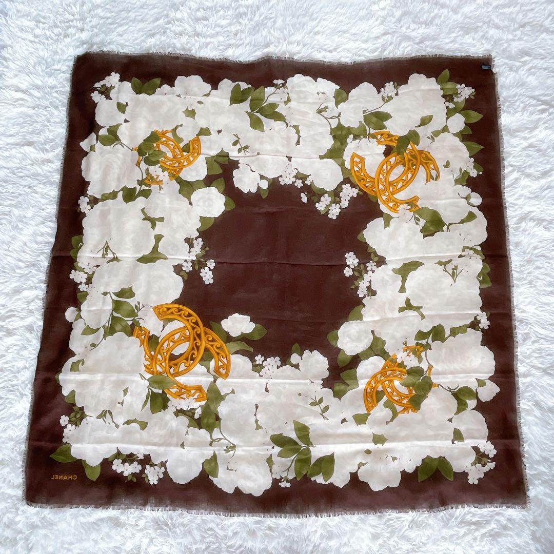 希少✨美品【CHANEL】ココマーク カメリア シルク カシミア 大判スカーフ
