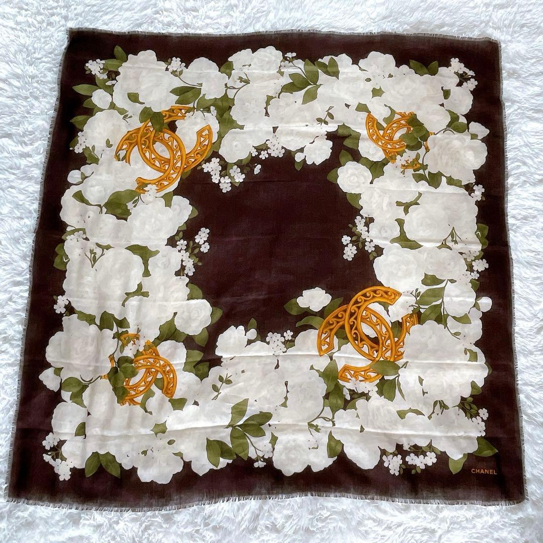 希少✨美品【CHANEL】ココマーク カメリア シルク カシミア 大判スカーフ