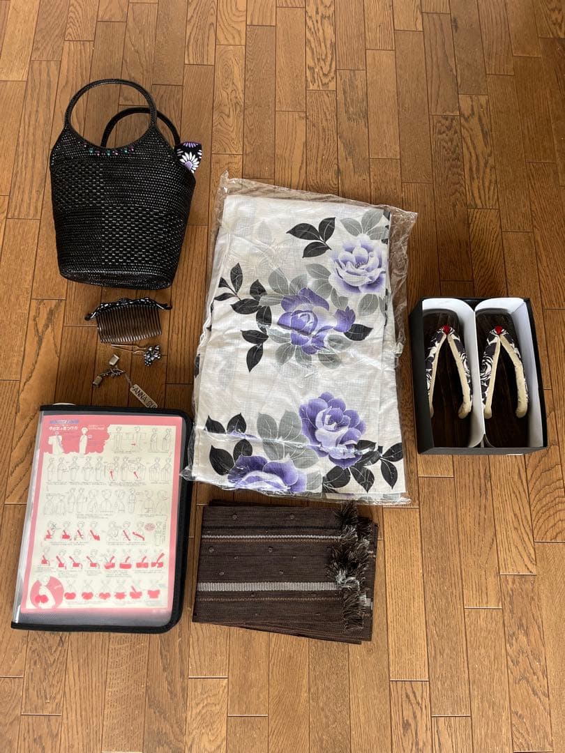 紫色の牡丹柄 浴衣・帯・下駄セット