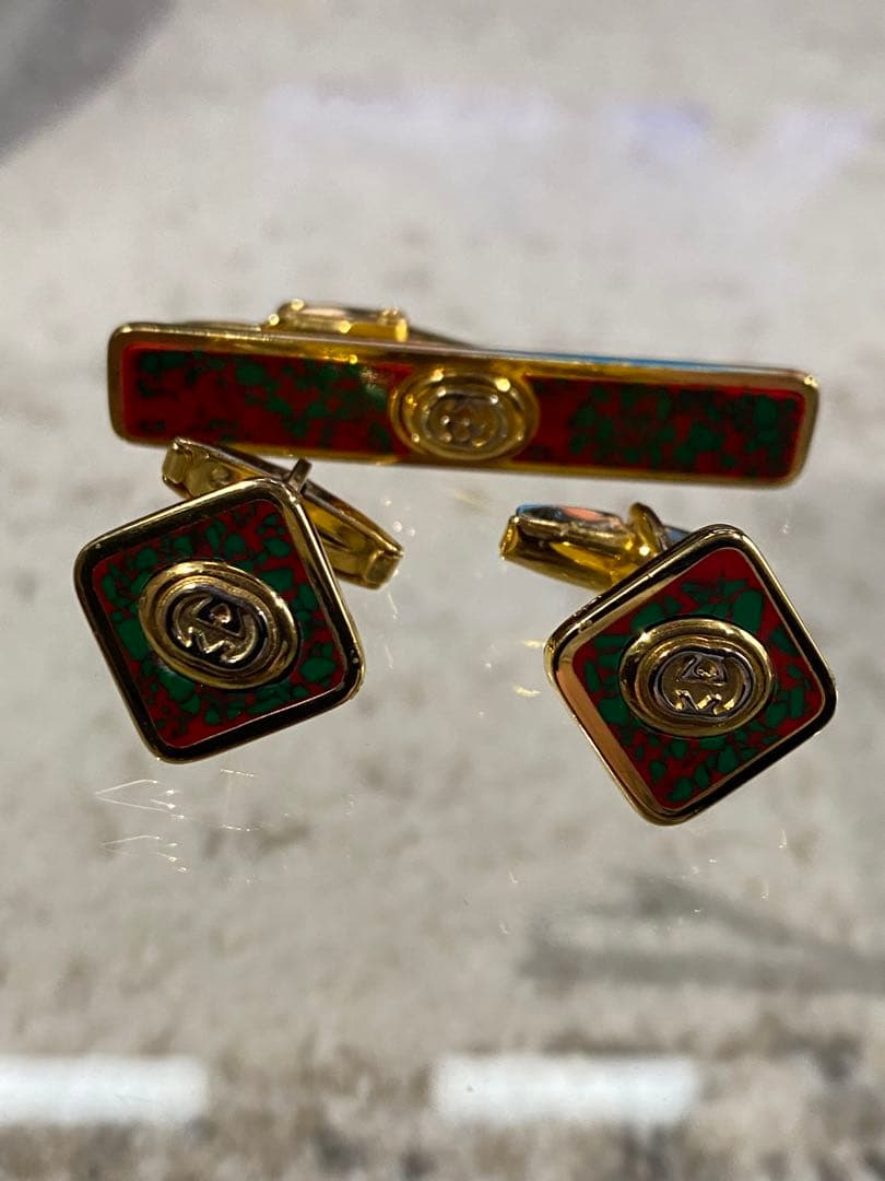 箱付き★希少★グッチ★ネクタイピン ★カフス★ハイブランド★グリーン×レッド