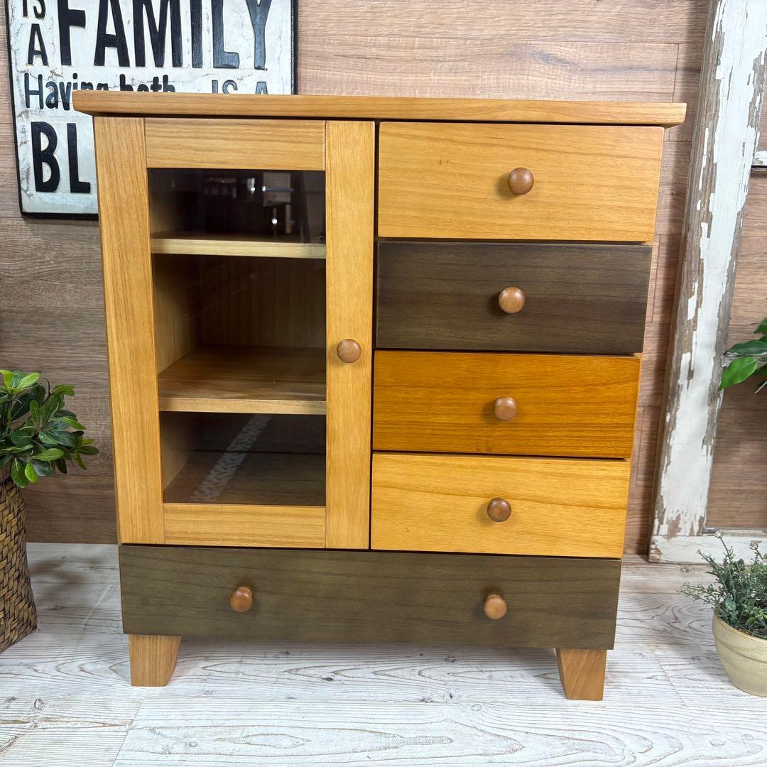 訳あり品【134】ナチュラルウッド桐材天然無垢ガラスキャビネット収納家具チェスト