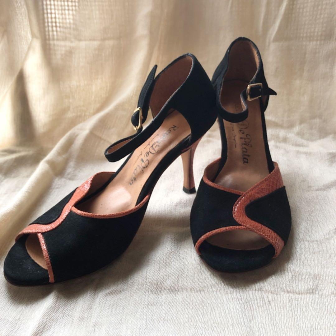 タンゴシューズ　サンダル　黒スウェード　オレンジ　オレンジヒール