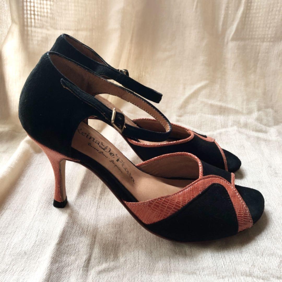 タンゴシューズ　サンダル　黒スウェード　オレンジ　オレンジヒール