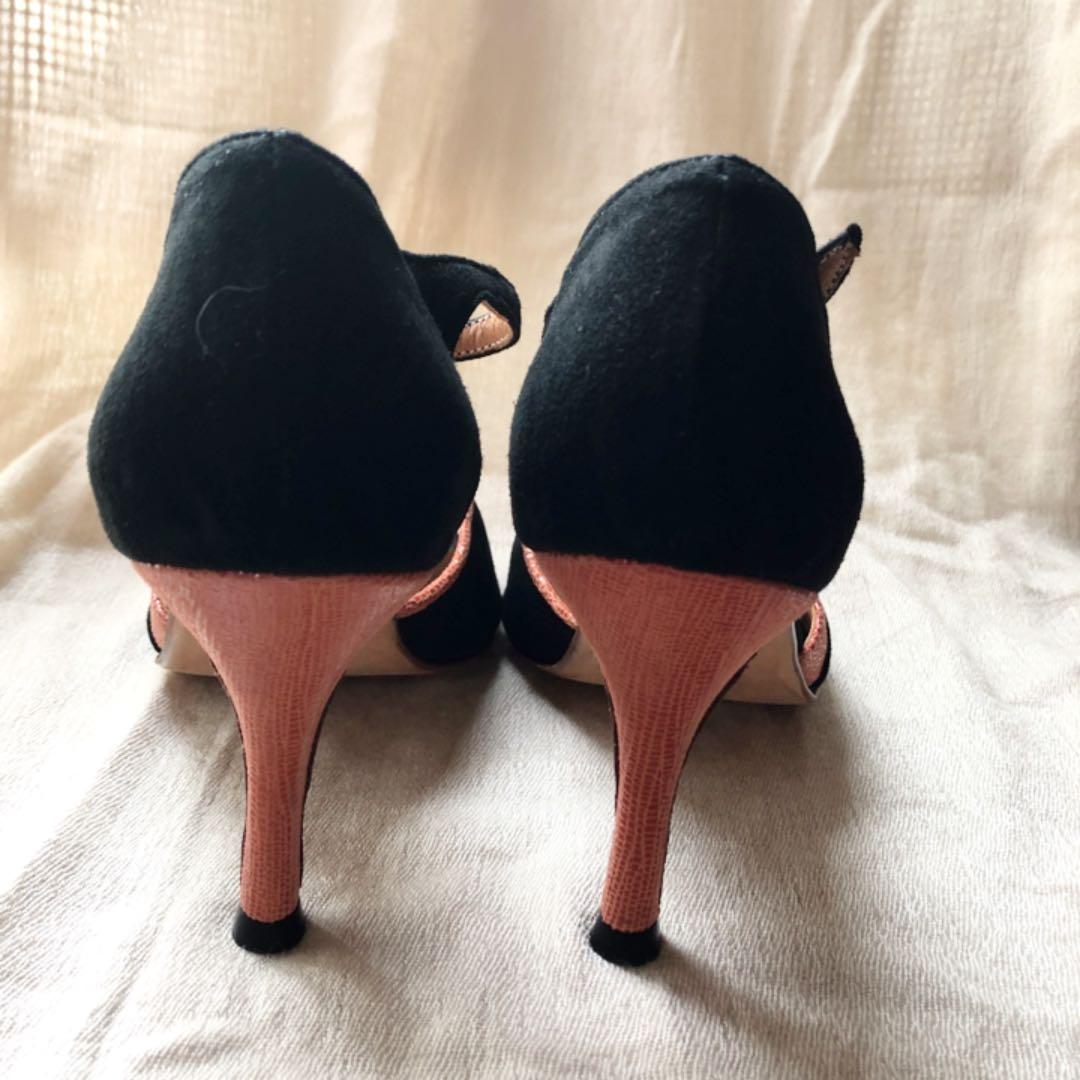 タンゴシューズ　サンダル　黒スウェード　オレンジ　オレンジヒール