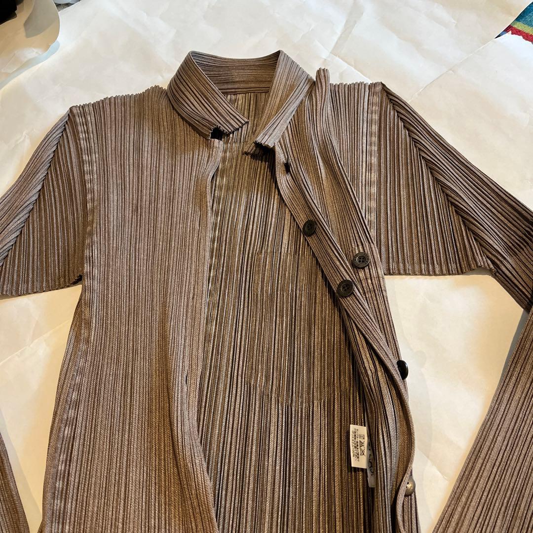 PLEATS PLEASE ストライプカーディガン ブラウン　イッセイミヤケ