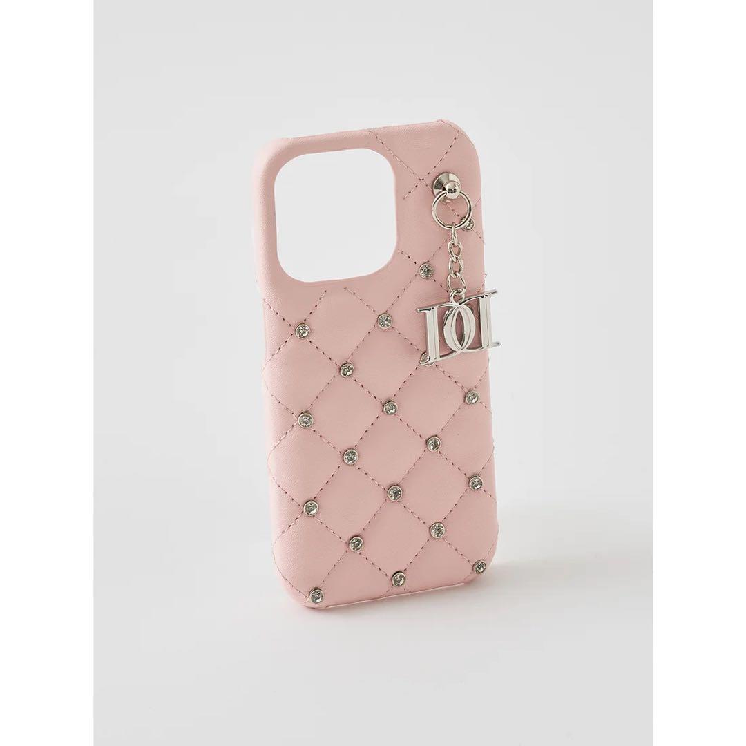 キルティングビジューDDチャームiPhoneケース 16pro ピンク