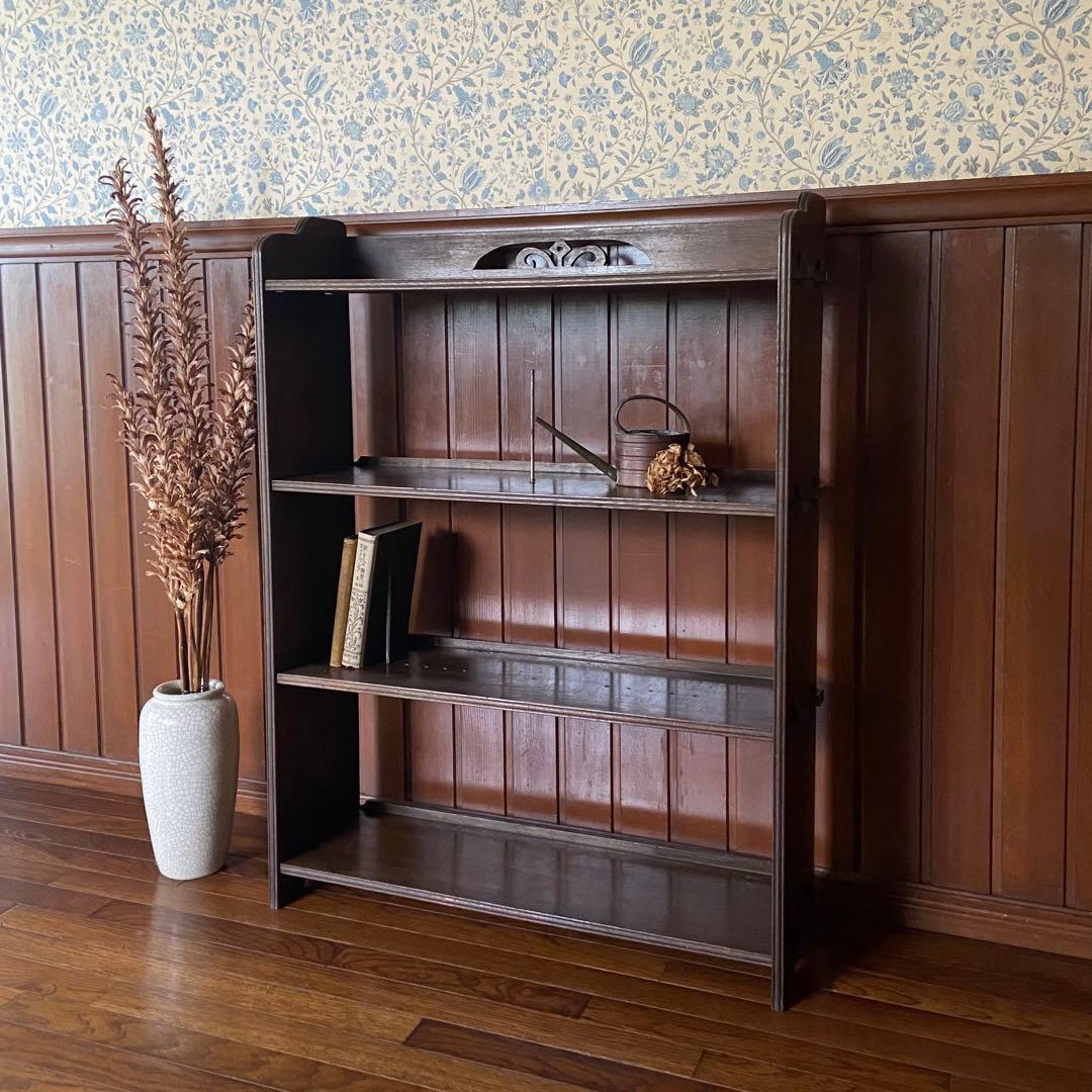 アンティーク　古い本棚　レトロ　楔棚　オープンラック　くさび棚　本止め棒付き