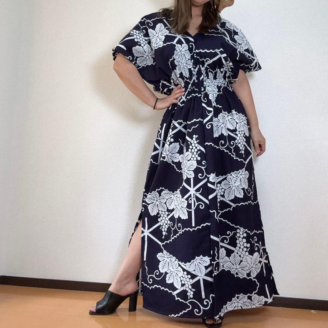 竺仙　浴衣　リメイク　コーマ地　ワンピース ハンドメイド　ロング　紺　葡萄