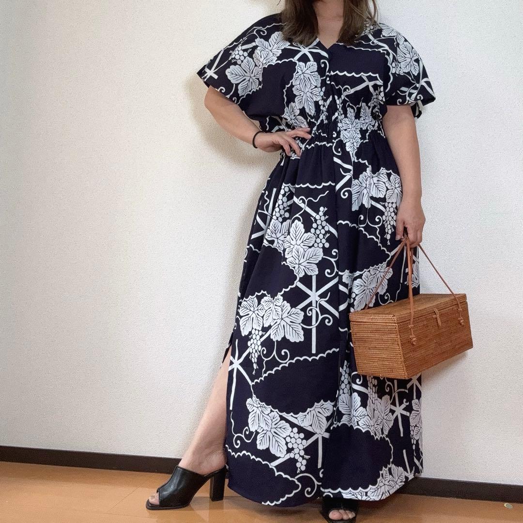 竺仙　浴衣　リメイク　コーマ地　ワンピース ハンドメイド　ロング　紺　葡萄