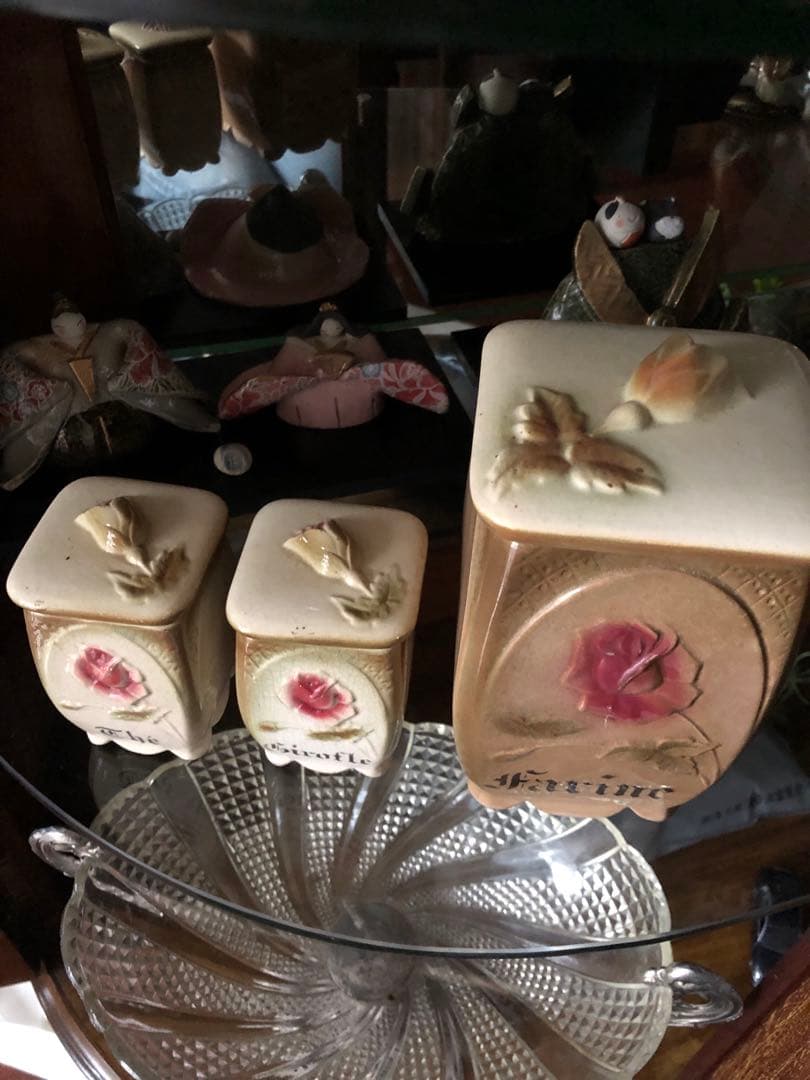 バルボティーヌ フラワープレート＋蓋付キャニスター3点＋真鍮ディッシュスタンド付