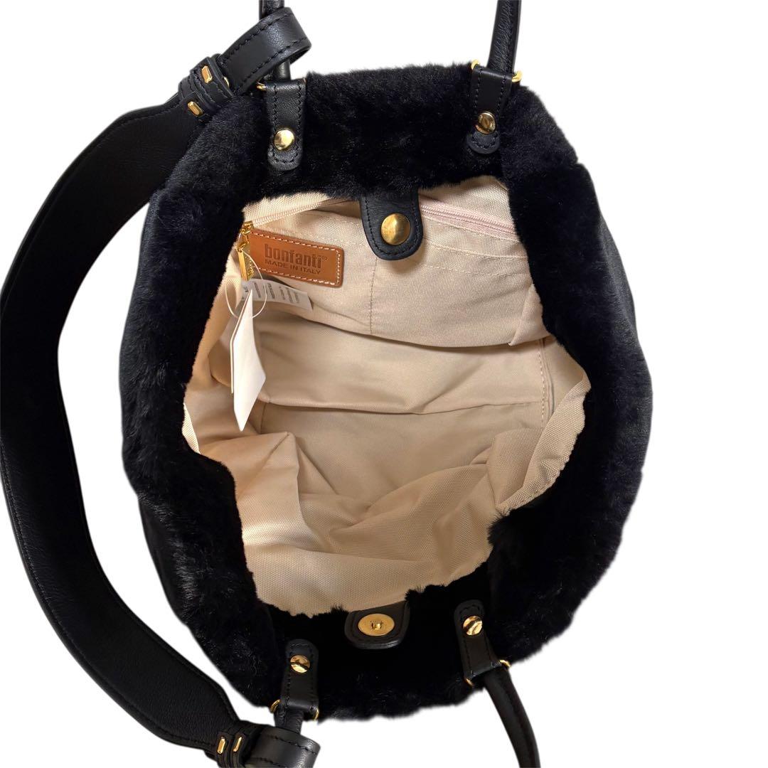 未使用　bonfanti　ファー × レザー　2WAY　ハンドバッグ　ブラック