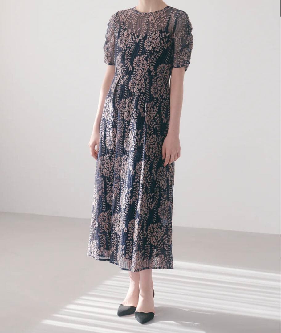 kaene 配色レースエプロンワンピース ネイビー