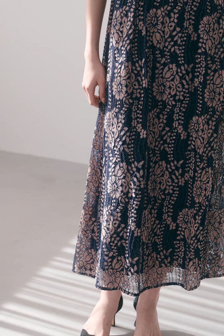 kaene 配色レースエプロンワンピース ネイビー