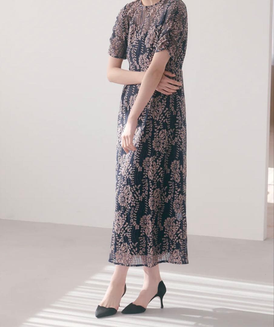 kaene 配色レースエプロンワンピース ネイビー