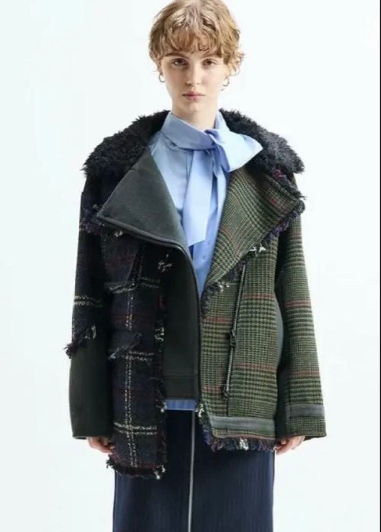 新品AULAAILA パッチワークボアチェックフリンジライダース