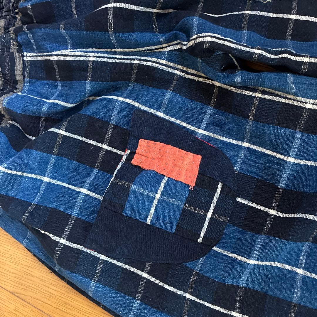 古布　ブルーの布団皮をメインにしたオンリーワン　ダボパンツ