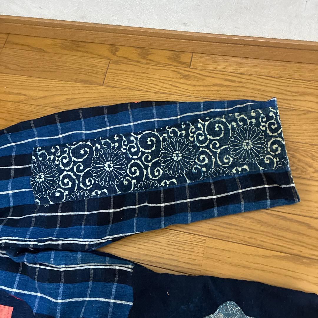 古布　ブルーの布団皮をメインにしたオンリーワン　ダボパンツ