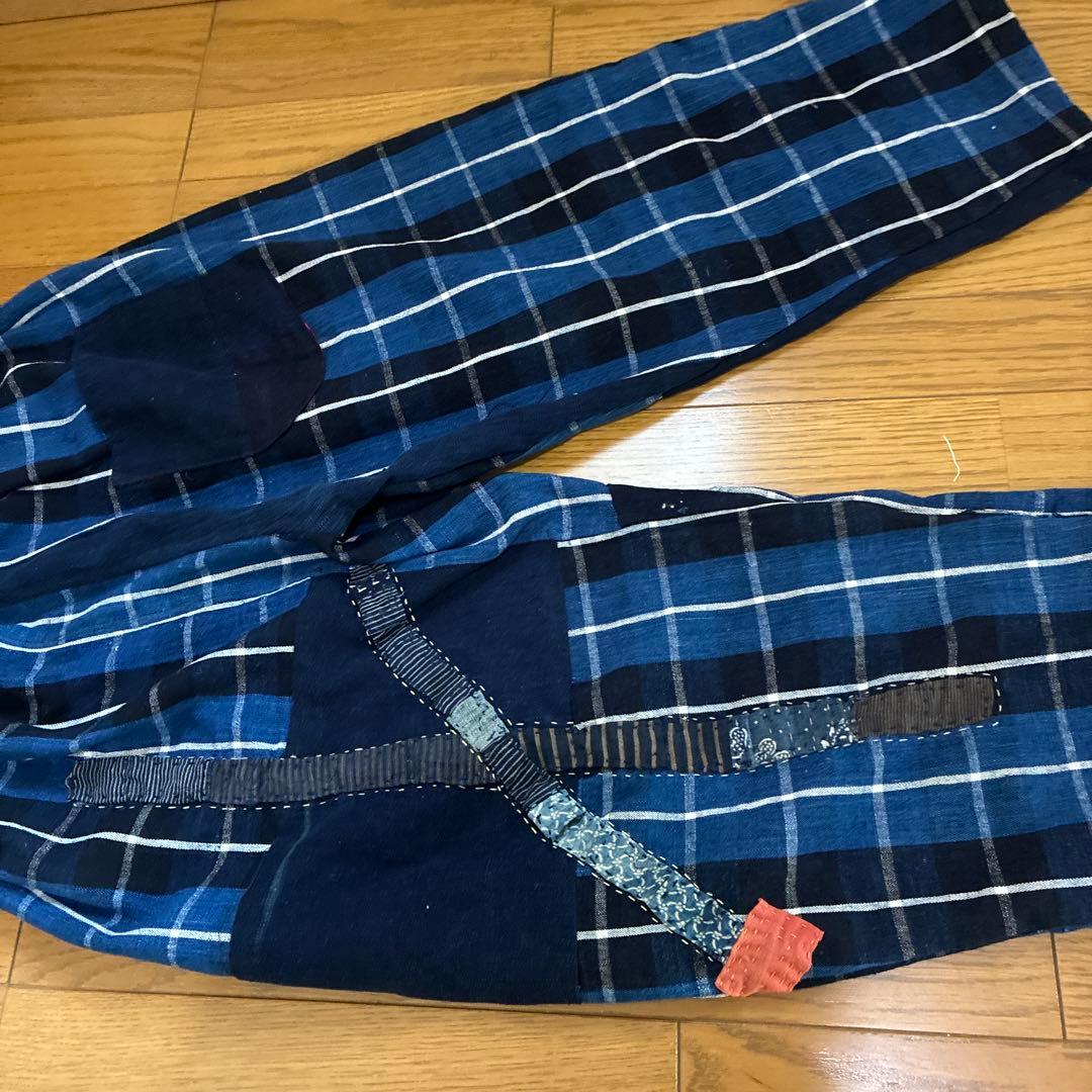 古布　ブルーの布団皮をメインにしたオンリーワン　ダボパンツ